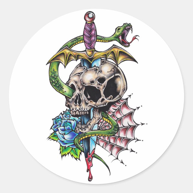 Skull & Dagger Tattoo Runder Aufkleber (Vorderseite)