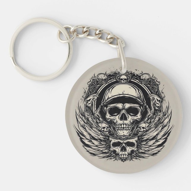 Skull-Design mit Flügeln und Symbolen Schlüsselanhänger (Vorderseite)