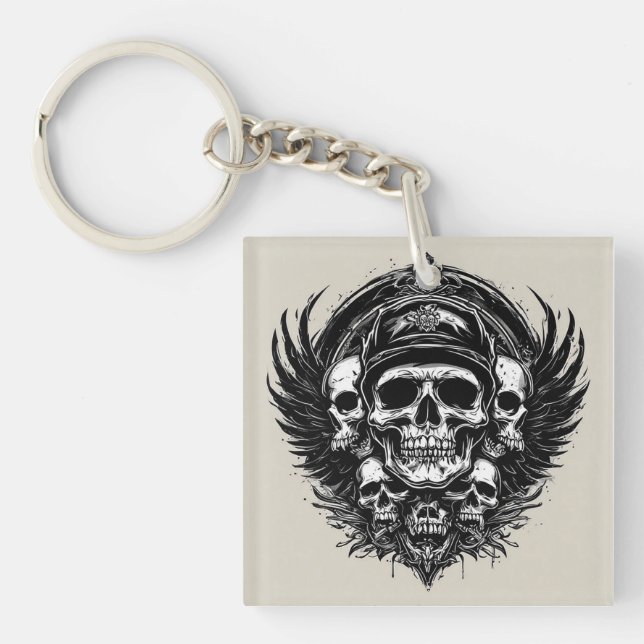 Skull-Design mit Flügeln und Symbolen Schlüsselanhänger (Vorderseite)