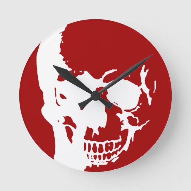 Skull - Fantasy Art aus dem Roten und Weißen Metal Runde Wanduhr (Vorderseite)