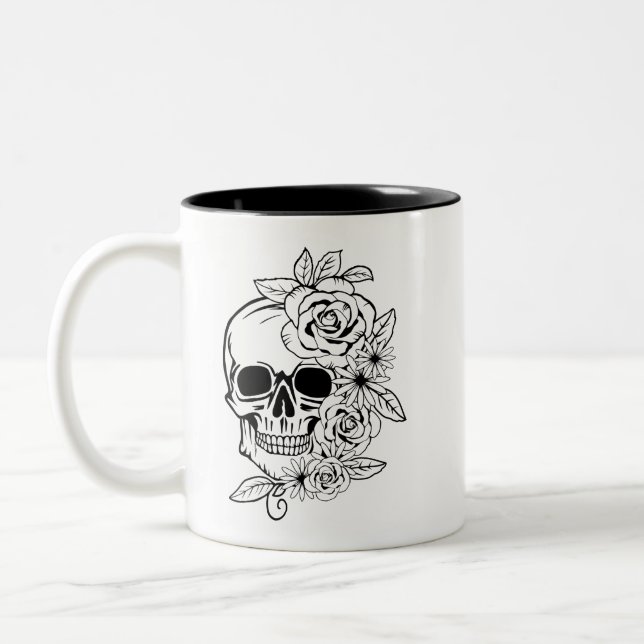 Skull Floral Art Zweifarbige Tasse (Links)