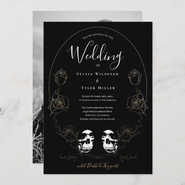 Skull Floral Black Foto Gothic Einladung (Vorne/Hinten)