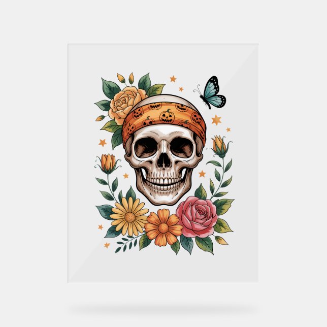 Skull Floral Halloween Spooky Acrylschild (Vorderseite)