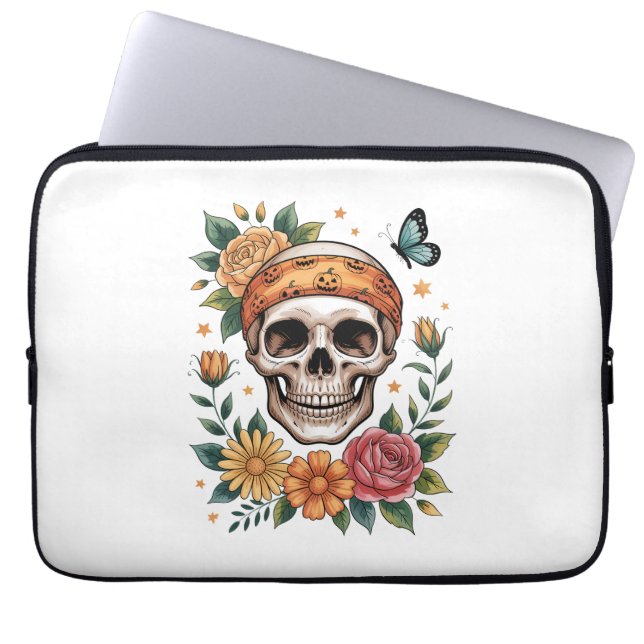 Skull Floral Halloween Spooky Laptopschutzhülle (Vorderseite)