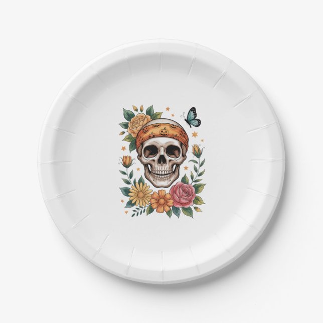 Skull Floral Halloween Spooky Pappteller (Vorderseite)