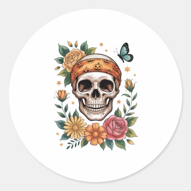 Skull Floral Halloween Spooky Runder Aufkleber (Vorderseite)