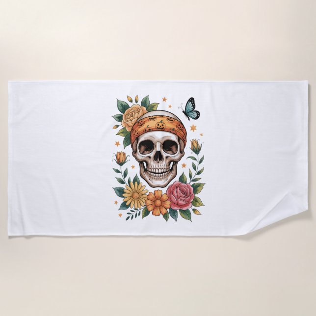 Skull Floral Halloween Spooky Strandtuch (Vorderseite)