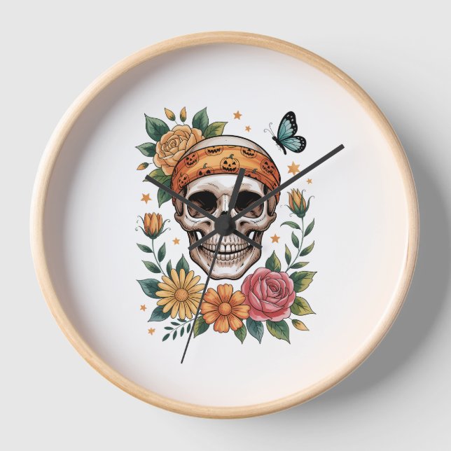 Skull Floral Halloween Spooky Uhr (Vorderseite)