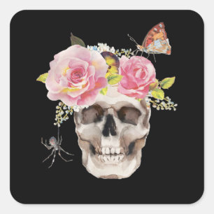 Skull Flowers Butterfly Spider Halloween Gift Quadratischer Aufkleber