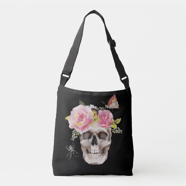 Skull Flowers Butterfly Spider Halloween Gift Tragetaschen Mit Langen Trägern (Vorderseite)