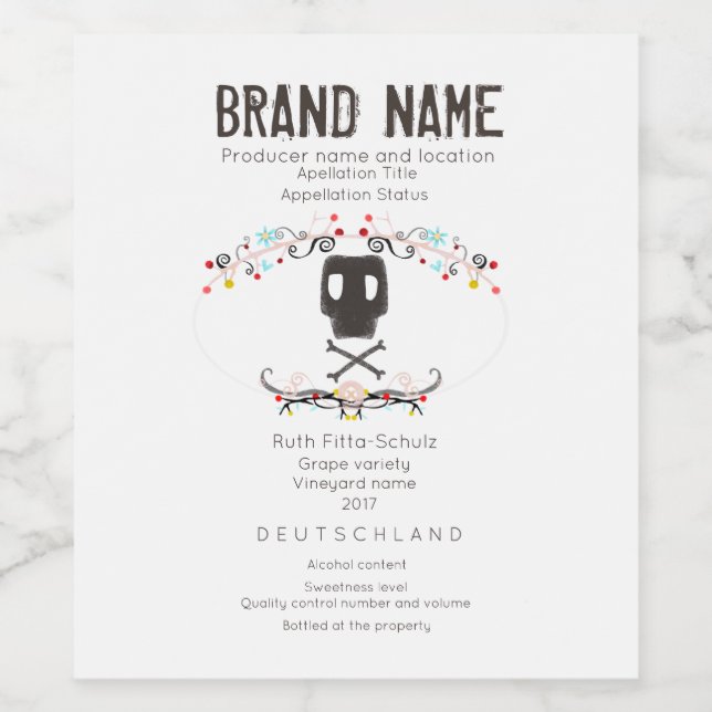 Skull Fruits Bloral Minimalistisch Weinetikett (Einzelnes Label)