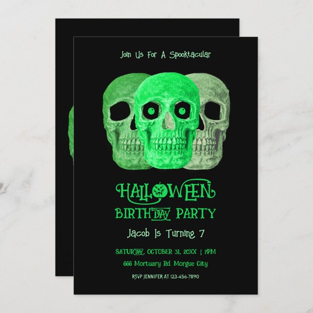 Skull Funny Gothic Green Black Halloween Geburtsta Einladung (Vorne/Hinten)