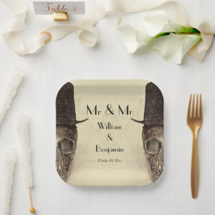 Skull Gay Mr. and Mr. Vintag Retro Sepia Wedding Pappteller