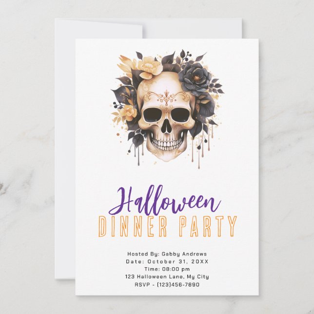 Skull Gold und Black Rose Halloween Dinner Party Einladung (Vorderseite)