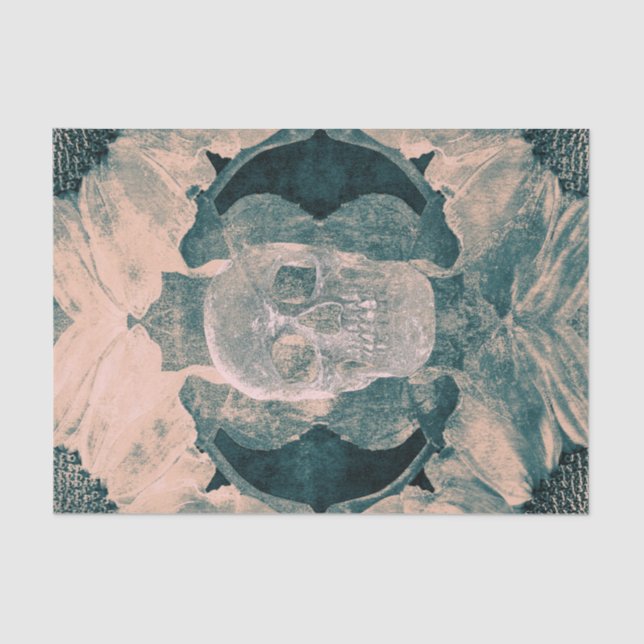 Skull Gothic Aquamarin Beige Grunge Textur Seidenpapier (Vorderseite)
