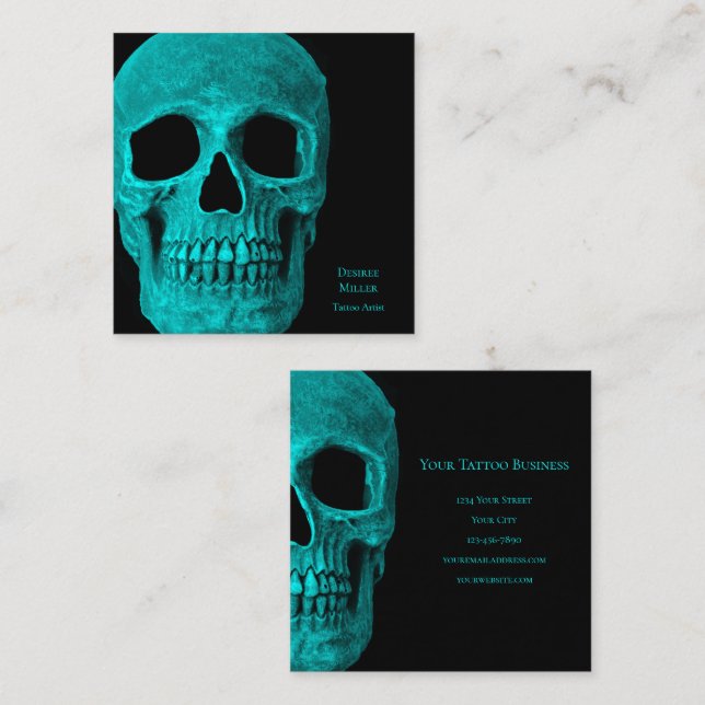 Skull Gothic Dark Aquamarin Black Macabre Tattoo S Quadratische Visitenkarte (Vorne/Hinten)