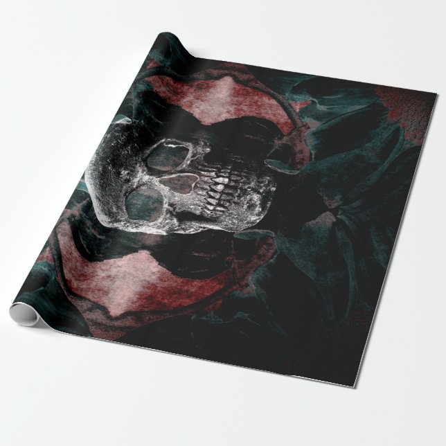 Skull Gothic Floral Aquamarin Black Grunge Textur Geschenkpapier (Ungerollt)