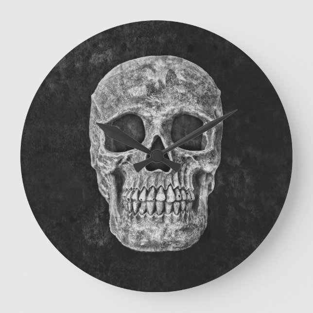 Skull Gothic Grunge Schwarz-Weiß alte Textur Große Wanduhr (Vorderseite)