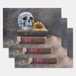 Skull Gothic Vintag Old Books Gelbe Sonnenblume Geschenkpapier Set