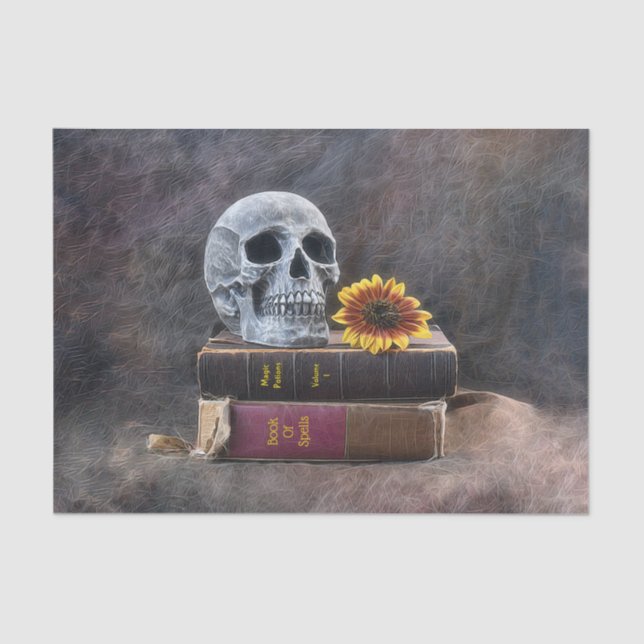 Skull Gothic Vintag Old Books Gelbe Sonnenblume Seidenpapier (Vorderseite)