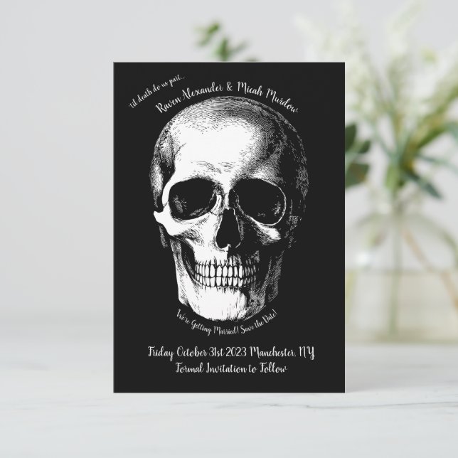 Skull Gothic Wedding Save the Date Einladung (Stehend Vorderseite)