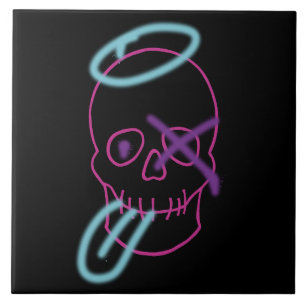 Skull-Graffiti - Rosa, Lila, Blau und Schwarz Fliese