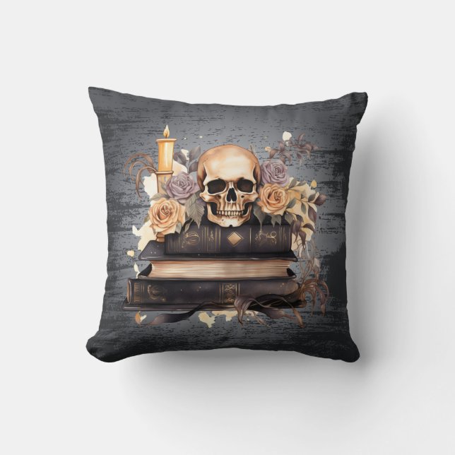 Skull Grau und Gold Rose Schwarzes Halloween Kissen (Vorderseite)