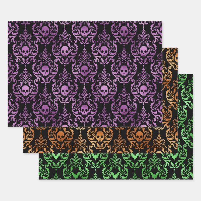Skull Halloween Damask in Purple, Orange, Green Geschenkpapier Set (Set)