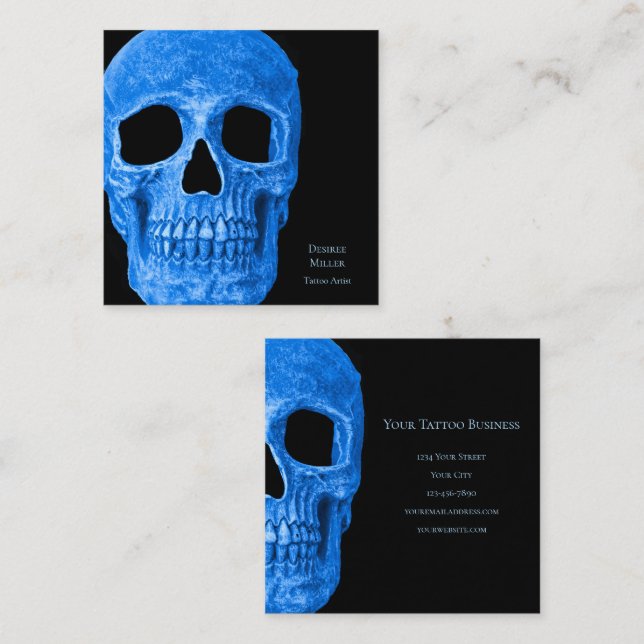 Skull Head Gothic Neon Blue Black Tattoo Shop Quadratische Visitenkarte (Vorne/Hinten)