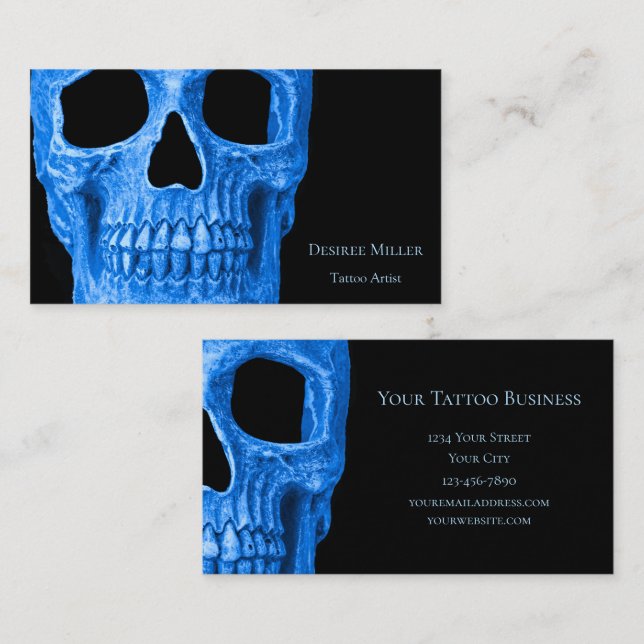 Skull Head Gothic Neon Blue Black Tattoo Shop Visitenkarte (Vorne/Hinten)