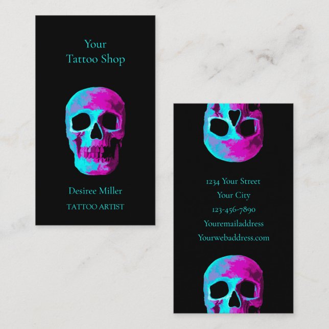 Skull Head Gothic Neon Lila Aquamarin Black Design Visitenkarte (Vorne/Hinten)