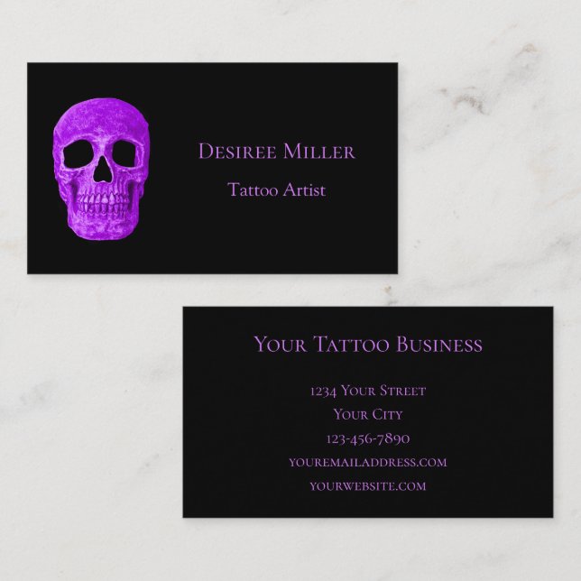 Skull Head Gothic Neon Lila Black Tattoo Shop Visitenkarte (Vorne/Hinten)