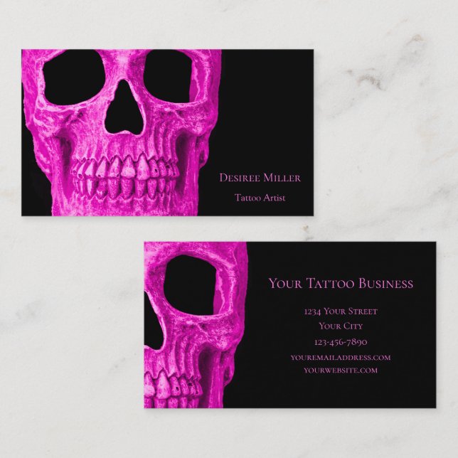 Skull Head Gothic Neon Pink Black Tattoo Shop Visitenkarte (Vorne/Hinten)