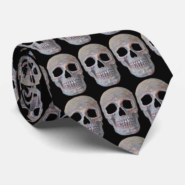 Skull Head Grau Schwarz Gothic Cooles Muster Krawatte (Gerollt)