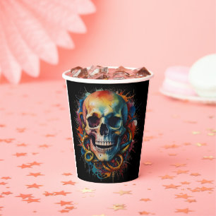 Skull Head mit mehrfarbigen Paint Splashes Pappbecher