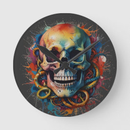 Skull Head mit mehrfarbigen Paint Splashes Runde Wanduhr