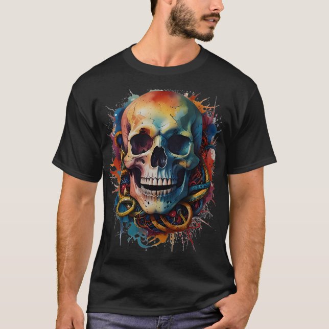 Skull Head mit mehrfarbigen Paint Splashes T-Shirt (Vorderseite)