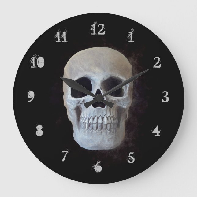 Skull Head Schwarz-weiß Gothic Spooky Cool Große Wanduhr (Vorderseite)