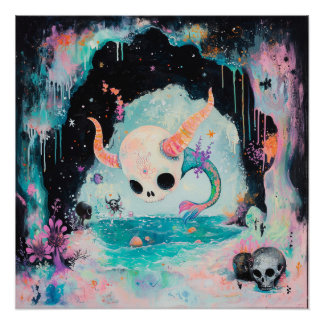 Skull Horned Sea Serpent Hexy AI Art Semi Gloss Poster