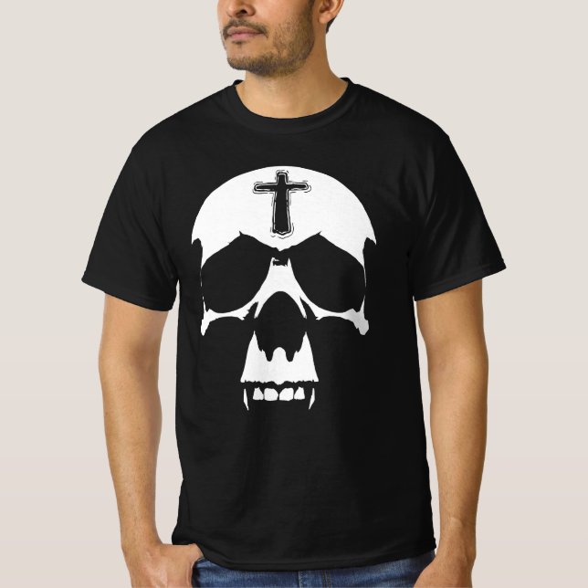 Skull-Illustration in gotischem Schwarz-Weiß-Dämon T-Shirt (Vorderseite)