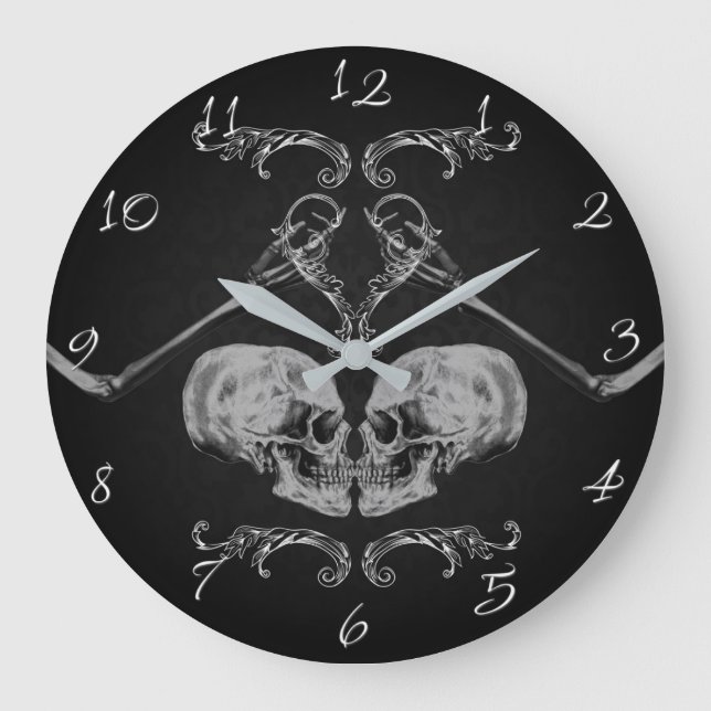 "Skull in Liebe" Vintage Skelette Schwarz Große Wanduhr (Vorderseite)