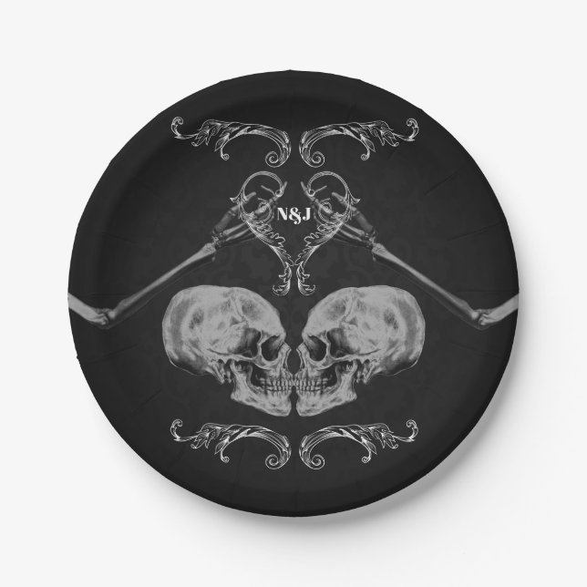 "Skull in Liebe" Vintage Skelette Schwarze Hochzei Pappteller (Vorderseite)