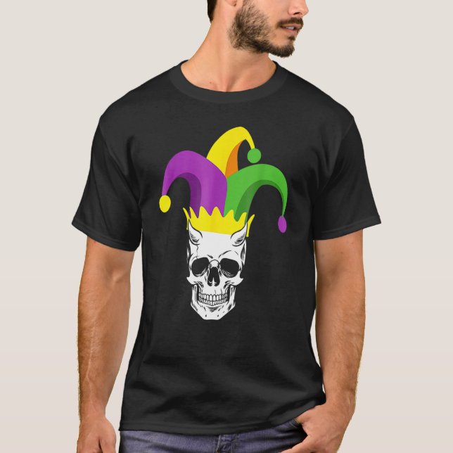 Skull Jester Hat Funny Parade Kostüm Funny Mardi T-Shirt (Vorderseite)