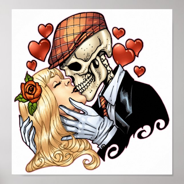Skull Kiss mit Herzen und Rose von Al Rio Poster (Vorne)