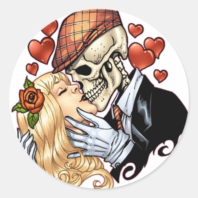 Skull Kiss mit Herzen und Rose von Al Rio Runder Aufkleber (Vorderseite)