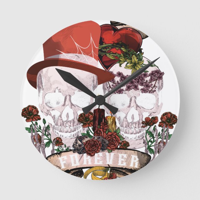Skull Liebe Ehe Skelett Couple Runde Wanduhr (Vorderseite)