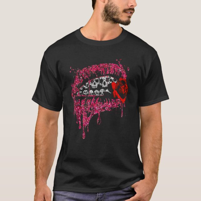 Skull Lips Bitten Rose Skull Mouth Halloween T-Shirt (Vorderseite)