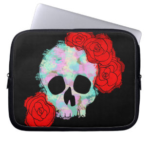 Skull mit Blume Pastell Rose Wasserfarbe Laptopschutzhülle