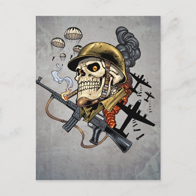 Skull mit Helm, Flugzeugen und Bomben Postkarte (Vorderseite)