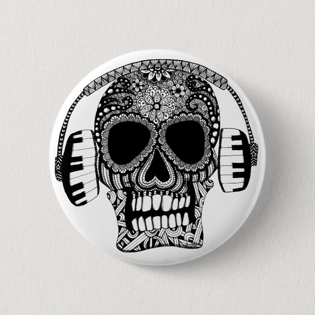 Skull mit Kopfhörern Schwarz-Weiß Musik Button (Vorderseite)